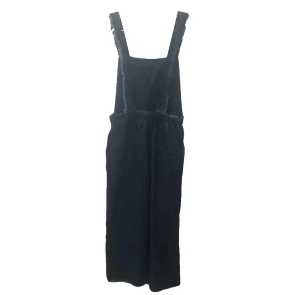 Zara Woman Premium Denim Wide  Leg Dark Wash Raw Hem Cropped Overalls M - Picture 3 of 14